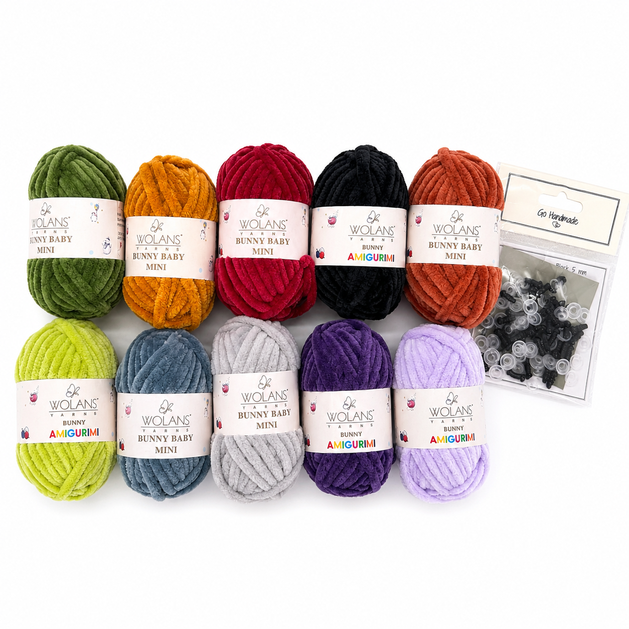 Bold Tones Amigurumi Yarn Kit — 10 Bunny Baby Mini Skeins + Safety Eyes