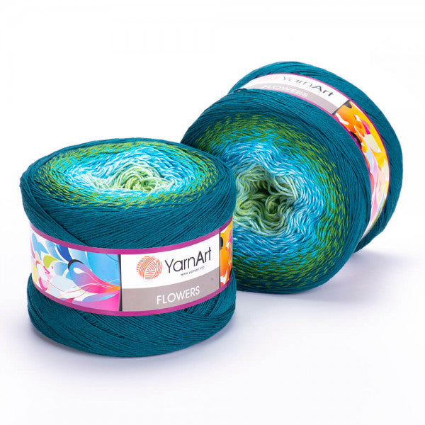 YarnArt Flowers 256 Turquoise et jade – pelote dégradée coton et acrylique