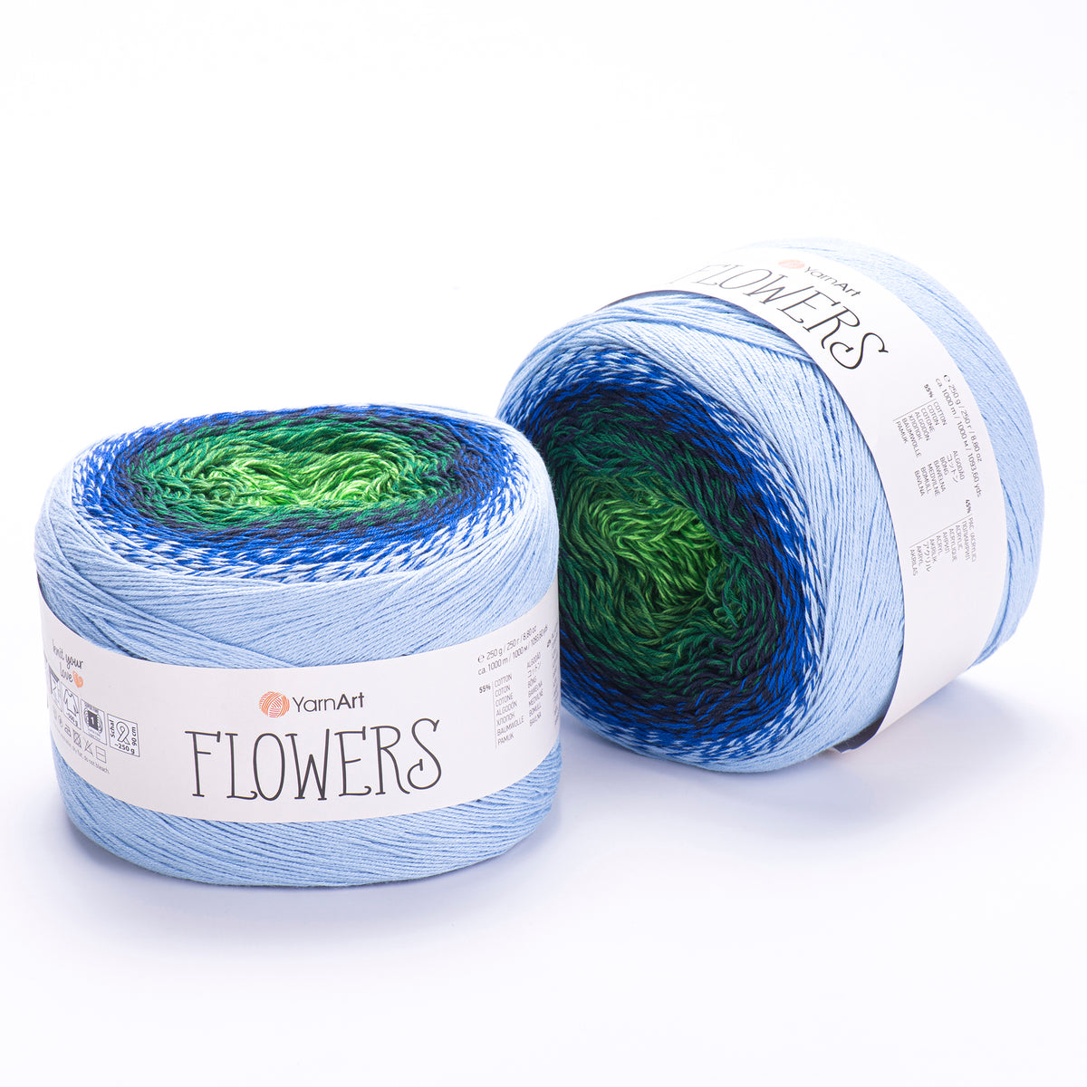 YarnArt Flowers 306 Vert profond et saphir – pelote dégradée coton et acrylique