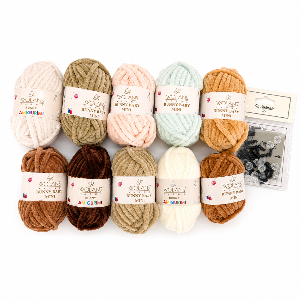 Kit de fils amigurumi tons neutres — 10 pelotes Bunny Baby Mini + yeux de sécurité