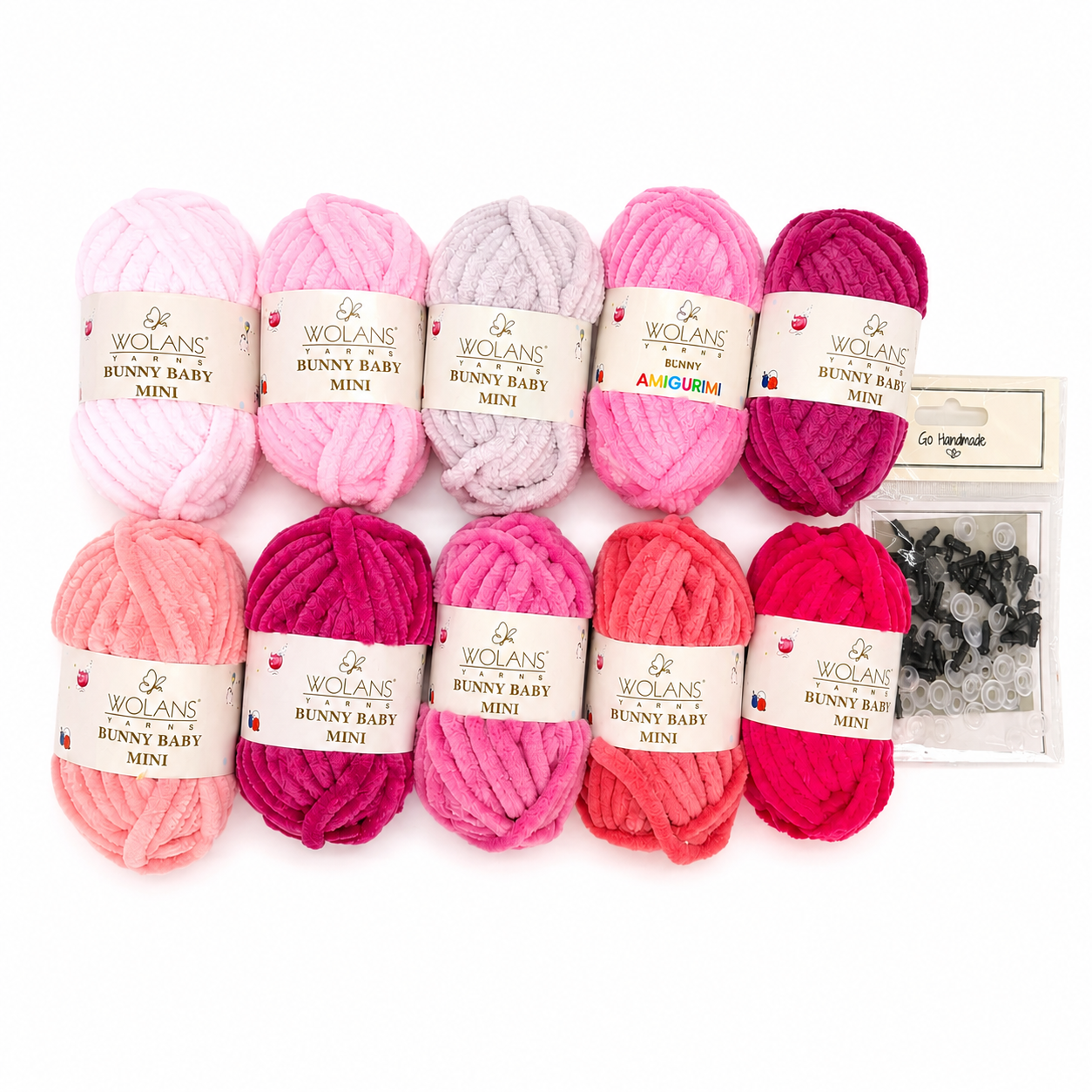Kit di filati amigurumi rosa tenue — 10 gomitoli Bunny Baby Mini + occhietti di sicurezza